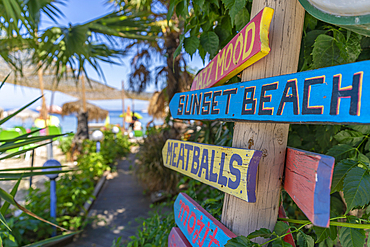 View of colourful sign in Thassos Town, Thassos, Aegean Sea, Greek Islands, Greece, Europe