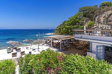 View of beach bar and sea in Thassos Town, Thassos, Aegean Sea, Greek Islands, Greece, Europe