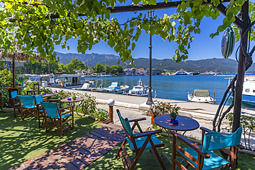 View of restaurant and harbour in Thassos Town, Thassos, Aegean Sea, Greek Islands, Greece, Europe