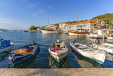 View of boats and harbour in Thassos Town, Thassos, Aegean Sea, Greek Islands, Greece, Europe