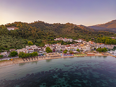 Aerial view of Thassos Town at sunrise, Thassos Town, Thassos, Aegean Sea, Greek Islands, Greece, Europe