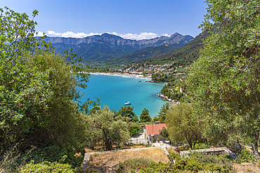 View of coastline and Golden Beach at Chrysi Ammoudia, Thassos, Aegean Sea, Greek Islands, Greece, Europe