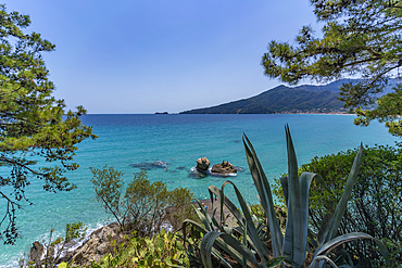 View of turquoise sea at Chrysi Ammoudia, Thassos, Aegean Sea, Greek Islands, Greece, Europe