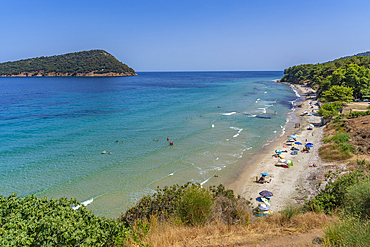 View of sea and beach at Koinyra, Thassos, Aegean Sea, Greek Islands, Greece, Europe