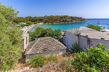 View of sea and beach at Aliki, Aliki, Thassos, Aegean Sea, Greek Islands, Greece, Europe