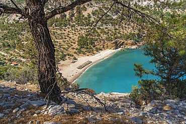 View of Livadi Beach from Viewpoint Archangel Michael, Thasos, Thassos, Aegean Sea, Greek Islands, Greece, Europe