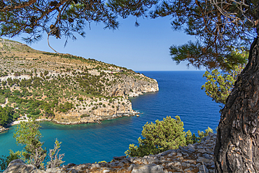 View of sea and Holy Monastery of the Archangel Michael from Viewpoint Archangel Michael, Thasos, Thassos, Aegean Sea, Greek Islands, Greece, Europe