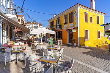 View of street cafe in Limenaria village, Limenaria, Thassos, Aegean Sea, Greek Islands, Greece, Europe