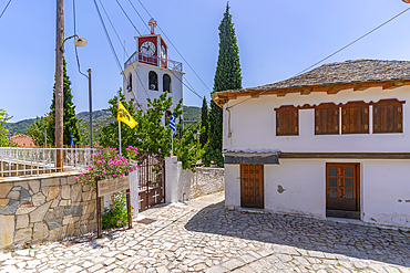 View of clock tower of Greek Orthodox Church, Theologos, Thassos, Aegean Sea, Greek Islands, Greece, Europe