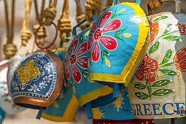 View of decorated cow bells in souvenir shop, Theologos, Thassos, Aegean Sea, Greek Islands, Greece, Europe