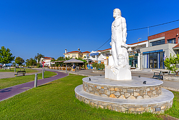 View of sculpture in the port of Thassos Town, Thassos, Aegean Sea, Greek Islands, Greece, Europe