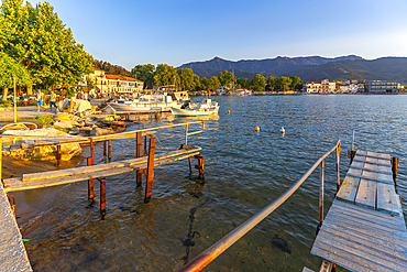 View of boats in old harbour in Thassos Town during golden hour, Thassos, Aegean Sea, Greek Islands, Greece, Europe