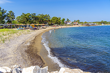 View of beach at Skala Prinos Port, Thassos, Aegean Sea, Greek Islands, Greece, Europe