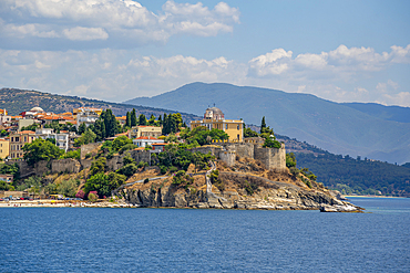 View of Kavala from ferry, Dimos Kavalas, Eastern Macedonia and Thrace, Gulf of Thasos, Gulf of Kavala, Thracian Sea, Greece, Europe