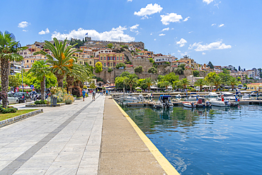 View of Kavala Fortress and boats in the port, Kavala, Dimos Kavalas, Eastern Macedonia and Thrace, Gulf of Thasos, Gulf of Kavala, Greece, Europe