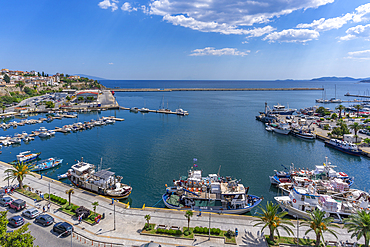 View of Kavala port from elevated position, Dimos Kavalas, Eastern Macedonia and Thrace, Gulf of Thasos, Gulf of Kavala, Thracian Sea, Greece, Europe