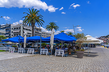 View of taverna's in Kavala Dock, Kavala, Dimos Kavalas, Eastern Macedonia and Thrace, Gulf of Thasos, Gulf of Kavala, Thracian Sea, Greece, Europe