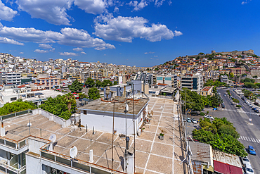 View of Aqueduct and Kavala Fortress and port from elevated position, Dimos Kavalas, Eastern Macedonia and Thrace, Gulf of Thasos, Gulf of Kavala, Thracian Sea, Greece, Europe