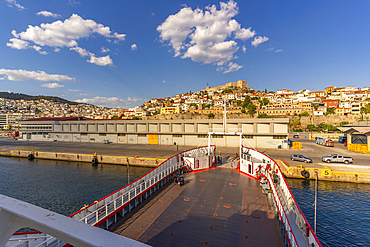 View of Kavala Fortress from ferry, Kavala, Dimos Kavalas, Eastern Macedonia and Thrace, Gulf of Thasos, Gulf of Kavala, Greece, Europe