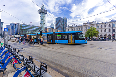 View of city tram and Ruter Help Center in Jernbanetorget, Oslo, Norway, Scandinavia, Europe