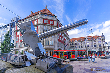 View of Knus Nazismen sculpture and architecture in Jernbanetorget, Oslo, Norway, Scandinavia, Europe