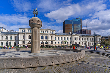 View of Sun and Earth and Grand Central Hotel in Christian Frederiks plass, Oslo, Norway, Scandinavia, Europe