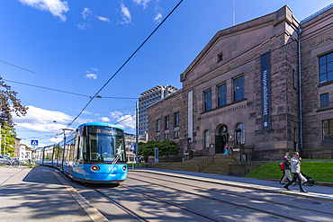 View of National Library of Norway and city tram, Aker Brygge, Oslo, Norway, Scandinavia, Europe