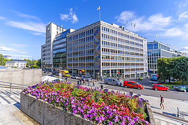 View of buildings and flowers at 7 Juni-Plassen, Oslo, Norway, Scandinavia, Europe