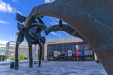 View of Oslo Concert Hall and Turid Angell Eng sculpture in Johan Svendsens Plass, Oslo, Norway, Scandinavia, Europe