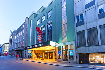 View of Oslo Nye Theater at dusk, Oslo, Norway, Scandinavia, Europe