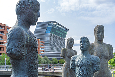 View of the Munch Museum and Fellesskap sculptures on a sunny day, Oslo, Norway, Scandinavia, Europe