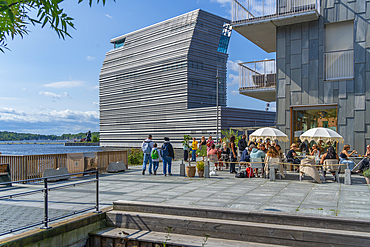 View of the Munch Museum and cafe in Bispekaia on a sunny day, Oslo, Norway, Scandinavia, Europe