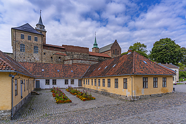 View of Akershus Fortress from Michael von Sundts Plass, Oslo, Norway, Scandinavia, Europe