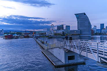 View of the Munch Museum and city skyline at dusk, Oslo, Norway, Scandinavia, Europe