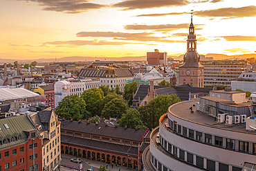 View of Oslo Cathedral and city skyline from elevated position at sunset, Oslo, Norway, Scandinavia, Europe