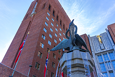 View of Oslo City Hall and fountain on a sunny day, Oslo, Norway, Scandinavia, Europe