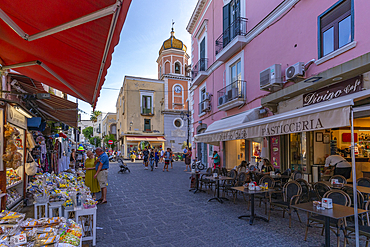 View of Basilica S. Maria Di Loreto and shops and cafes, Forio, Island of Ischia, Campania, Italy, Europe