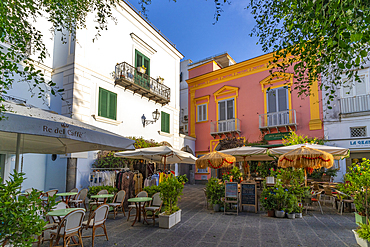 View of cafes in Piazza Giacomo Matteotti, Forio, Island of Ischia, Campania, Italy, Europe