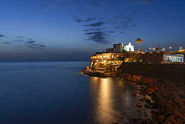 View of Chiesa del Soccorso church at dusk, Forio, Island of Ischia, Campania, Italy, Europe