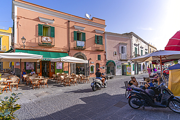 View of colourful shops and bars on Via San Francisco, Forio, Island of Ischia, Campania, Italy, Europe