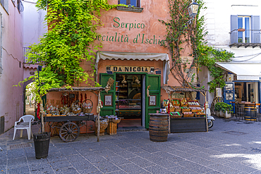 View of colourful shops and bars on Via San Francisco, Forio, Island of Ischia, Campania, Italy, Europe