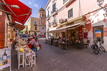 View of shop, cafe and Basilica S. Maria Di Loreto, Forio, Island of Ischia, Campania, Italy, Europe