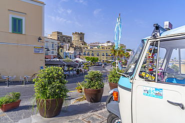 View of cafes and bars at the marina and Torrione Castle Museum, Forio, Island of Ischia, Campania, Italy, Europe