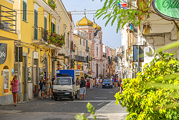 View of shop, cafe and Basilica S. Maria Di Loreto, Forio, Island of Ischia, Campania, Italy, Europe