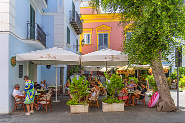 View of cafes in Piazza Giacomo Matteotti, Forio, Island of Ischia, Campania, Italy, Europe