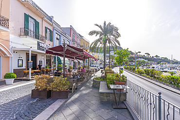 View of cafe on the promenade in the town of Casamicciola Terme, Island of Ischia, Campania, Italy, Europe