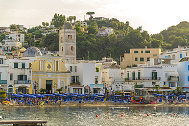 View of beach and town of Lacco Ameno, Island of Ischia, Campania, Italy, Europe