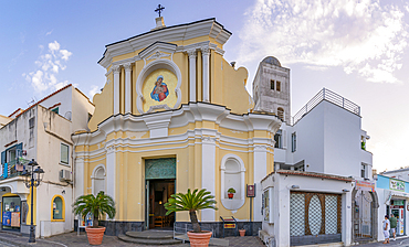 View of church in the town of Lacco Ameno at sunset, Island of Ischia, Campania, Italy, Europe