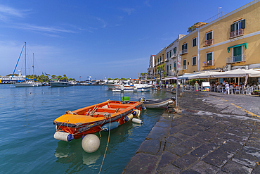 View of boats and restaurants in Porto d'Ischia (Port of Ischia), Island of Ischia, Campania, Italy, Europe