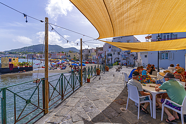 View of cafe overlooking Miramare e Castello beach, Port of Ischia, Island of Ischia, Campania, Italy, Europe